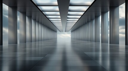 Poster - A large, empty, and shiny room with a lot of light. The room is very spacious and has a lot of light coming in from the ceiling. AI generated.