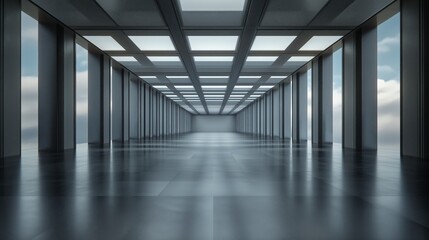 Poster - A large, empty room with a blue sky in the background. The room is very spacious and has a modern, industrial feel. AI generated.
