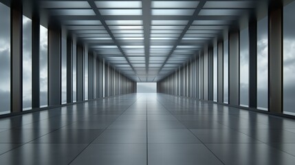 Poster - A large, empty room with a lot of windows. The room is very open and has a lot of natural light coming in. AI generated.