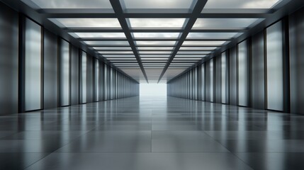 Poster - A large, empty room with a lot of windows and a lot of light. The room is very open and has a very modern feel to it. AI generated.