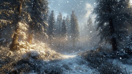 Wall Mural - Snowy forest path, winter sunlight, nature scene, holiday background