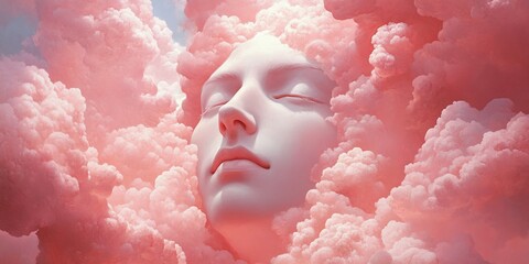 Serene face in pink clouds; dreamy, peaceful background; spiritual, meditation imagery