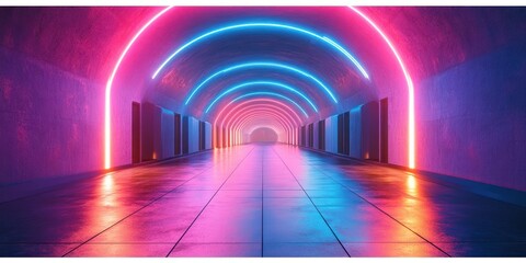 Poster - Futuristic Neon Corridor Abstract Design Cyberpunk Style 3D Rendering Bright Glowing Industrial Space Hallway Background
