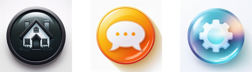 Leinwandbilder - Three glossy circular buttons display icons: a house, a speech bubble, and a gear.  These represent home, communication, and settings respectively.