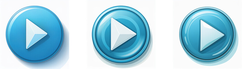 Leinwandbilder - Three glossy blue circular buttons feature a white play symbol, each with slight variations in design and shadow.  These are ideal for digital interfaces.