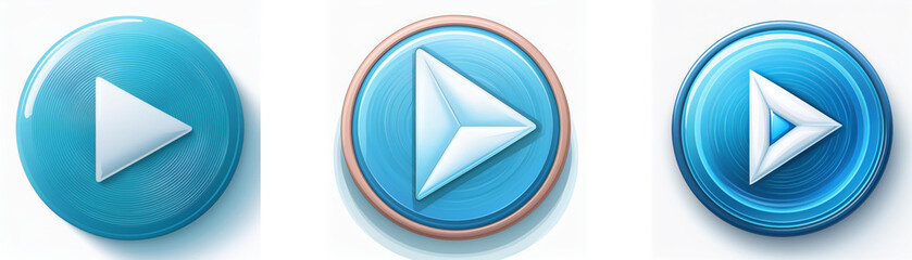 Leinwandbilder - Three glossy, circular play buttons in varying shades of blue feature a white triangular play symbol.  The buttons are visually similar but differ slightly in style and border.