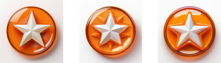 Leinwandbilder - Three glossy orange circular emblems each feature a central, five-pointed, off-white star.