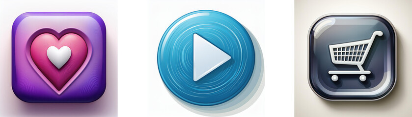 Leinwandbilder - Three glossy buttons: heart, play, shopping cart.  Simple, colorful icons for app interface.