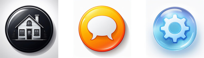 Poster - Three glossy circular buttons feature house, speech bubble, and gear icons, representing home, communication, and settings.