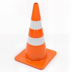 A brightly colored orange traffic cone with white reflective band standing upright on a white background