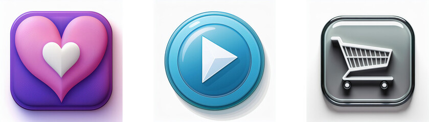 Fototapete - Three glossy buttons: heart, play, shopping cart.  Simple, colorful icons for app design.