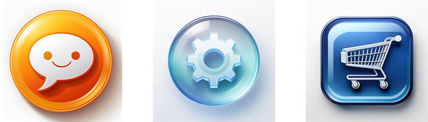 Wall Mural - three glossy buttons display icons: a smiling speech bubble, gear, and shopping cart. these represen