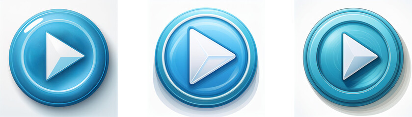 Fototapete - Three glossy, circular buttons feature a prominent white play symbol on a light blue background.  These icons are ideal for user interfaces.