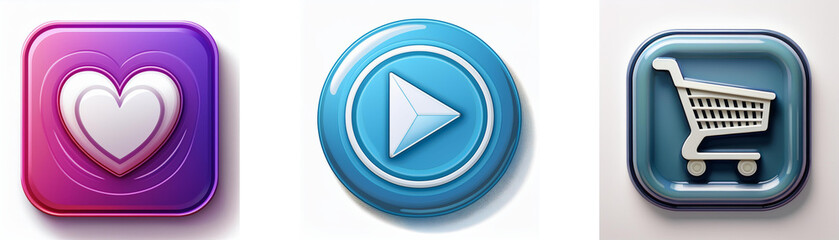 Leinwandbilder - Three glossy buttons: a heart, a play symbol, and a shopping cart.  Modern, minimalist design ideal for app interfaces.