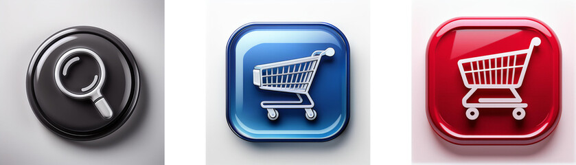 Poster - Three glossy buttons: a magnifying glass, and two shopping carts in blue and red.  Online search and e-commerce concepts.