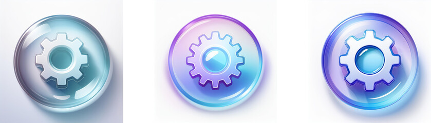 Aufkleber - Three glossy circular icons feature a gear symbol in varying color palettes light blue, purple, and blue  suggesting settings or configuration options.