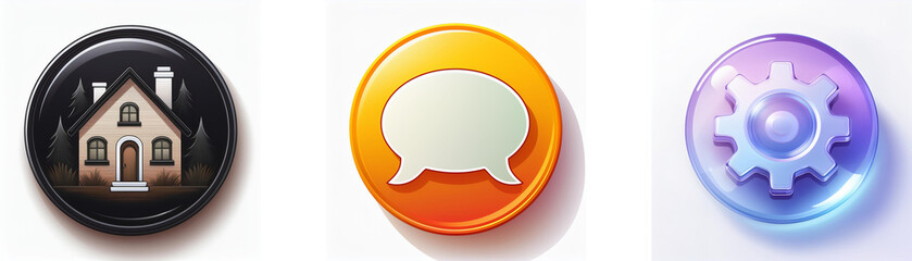 Poster - Three glossy circular icons: a house in a dark setting, a speech bubble, and a gear.  Simple, colorful app interface design.