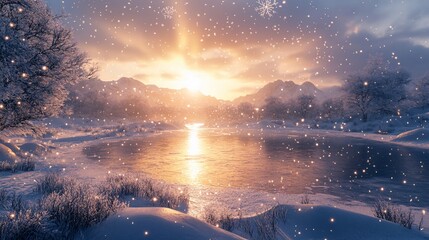 Wall Mural - Snowy sunrise over mountain river. Winter landscape, calm scene