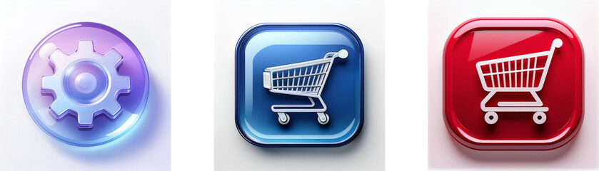 Aufkleber - Three glossy buttons: purple gear, blue shopping cart, and red shopping cart.  Represents settings, online shopping, and e-commerce.