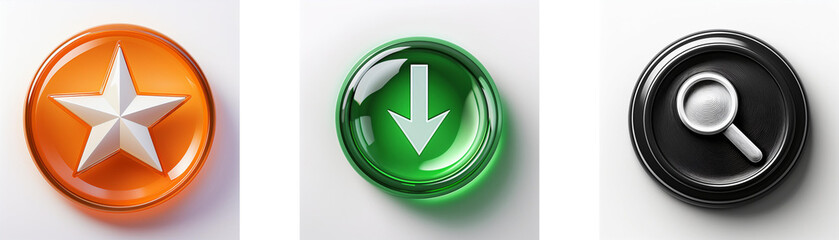 Aufkleber - Three glossy buttons; orange with a star, green with a downward arrow, and black with a magnifying glass.  Simple, round, colorful interface symbols.