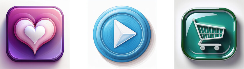 Poster - Three glossy buttons: heart, play, shopping cart.  Simple icons, vibrant colors, and 3D effect.