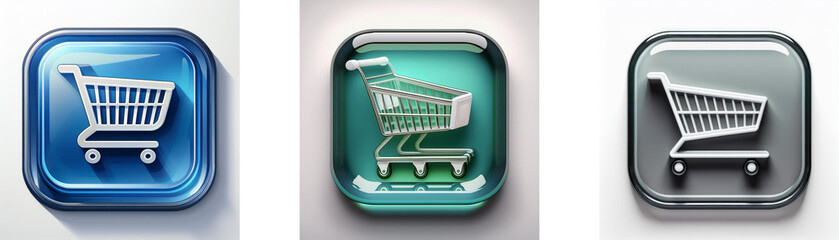Aufkleber - Three glossy square buttons feature a shopping cart icon in blue, teal, and gray.  Each button has a 3D effect.