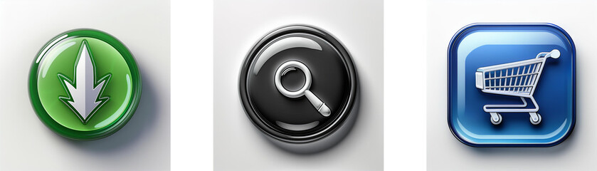 Aufkleber - Three glossy buttons; green download arrow, black magnifying glass, blue shopping cart.  Online shopping concept.
