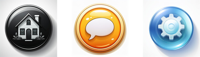 Aufkleber - Three glossy circular icons: a house, a speech bubble, and a gear.  Representing home, communication, and settings.