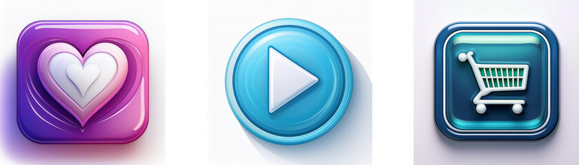 Fototapete - Three glossy 3D buttons: heart, play, shopping cart.  Perfect for app design.