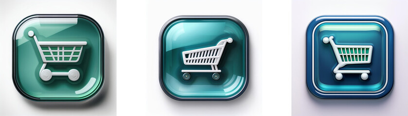Fototapete - Three glossy square buttons feature a shopping cart icon; teal, dark teal, and blue variations.  Modern, clean design for online retail.