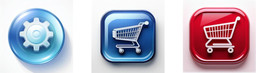 Poster - Three glossy buttons display settings, shopping cart icons.  One blue, one red, one blue square.