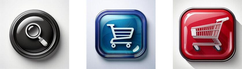Poster - Three glossy buttons depict online shopping icons: a magnifying glass, a shopping cart on a blue square, and a shopping cart on a red square.  These represent search, add to cart, and online purchase 