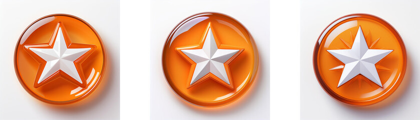 Fototapete - Three glossy orange circles, each featuring a central white five-pointed star.  The stars are subtly different in positioning.