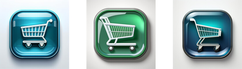 Aufkleber - Three glossy square buttons display a shopping cart icon in varying colors: teal, green, and dark teal.  Each button features a simple, white cart illustration.
