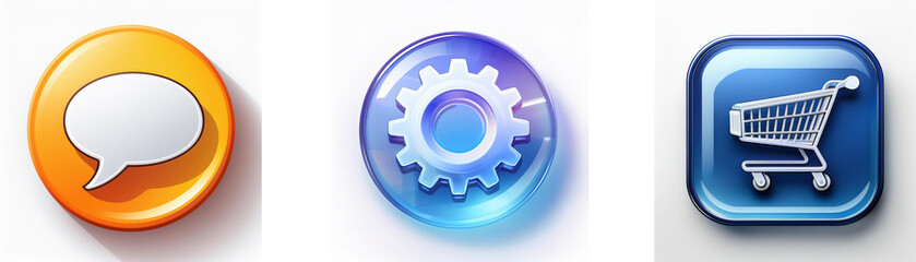 Poster - Three glossy buttons display communication, settings, and shopping cart icons.  They represent online interaction, configuration, and e-commerce.