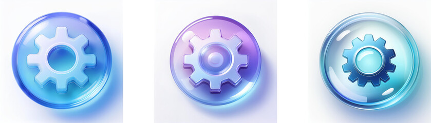 Leinwandbilder - Three glossy circular icons, each featuring a gear, display in vibrant blue, purple, and teal hues.  These settings buttons suggest options and configuration.