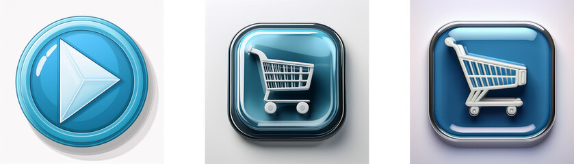 Poster - Three glossy buttons: play, shopping cart, and shopping cart.  Simple, clean design, ideal for app interfaces.