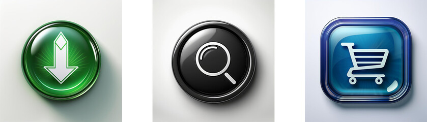 Poster - Three glossy buttons display download, search, and shopping cart icons.  Modern, minimalist design.