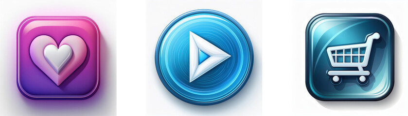 Leinwandbilder - Three glossy buttons: heart, play, shopping cart.  Modern, vibrant interface icons.