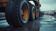 © VK Studio - Close-up of massive industrial tires, glistening with rain, emphasize strength and resilience on a moody, overcast day.