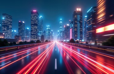 Wall Mural - Futuristic city night view. High-speed vehicles create light trails on highway. Modern skyscrapers with neon lights. Virtual reality tech scene. Fast-paced urban landscape. Dynamic motion blur