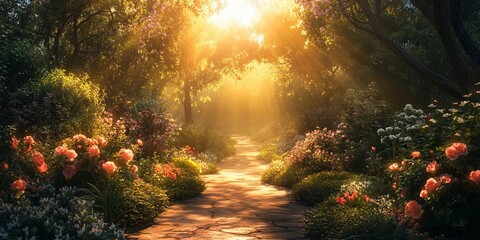 Wall Mural - Sunlit garden path, roses bloom, peaceful morning