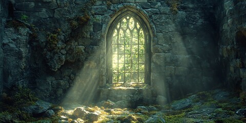 Sticker - Sunlit Gothic ruin window, overgrown floor, nature background. Game, film use