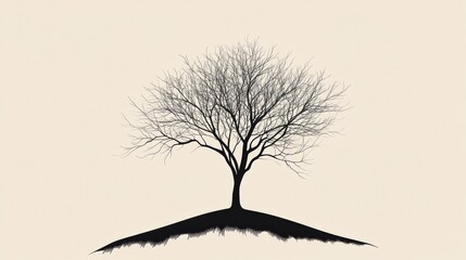 Poster - Silhouetted barren tree on a gentle hill against a minimalist background showcasing natures simplicity. Generative AI