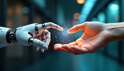 Fototapete - Futuristic image shows robot hand touching human hand. Digital interface graphic touch shows data network connection. Advanced technology communication concept. Humanity, tech together. Global