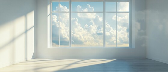 Wall Mural - Sunny room, large window, clouds, floor, interior design