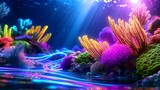 vibrant neon coral reef underwater scene - neon colors