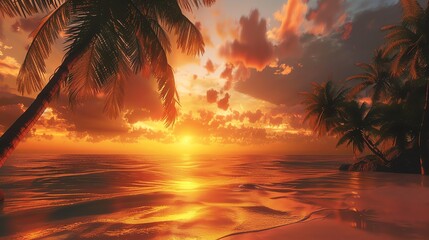 Wall Mural - Amazing vivid sunset over calm sea with palm trees in foreground.