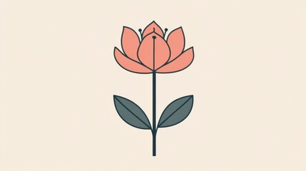 Aufkleber - Minimalist illustration of a pink lotus flower with green leaves on a light background. Generative AI