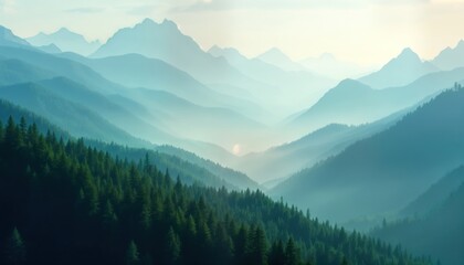 Naklejka na meble Misty mountain range panorama. Dense forest slopes lead to hazy peaks. Serene landscape view. Tranquil alpine scenery. Majestic hills covered in evergreen trees. Peaceful mountain valley. Sunrise